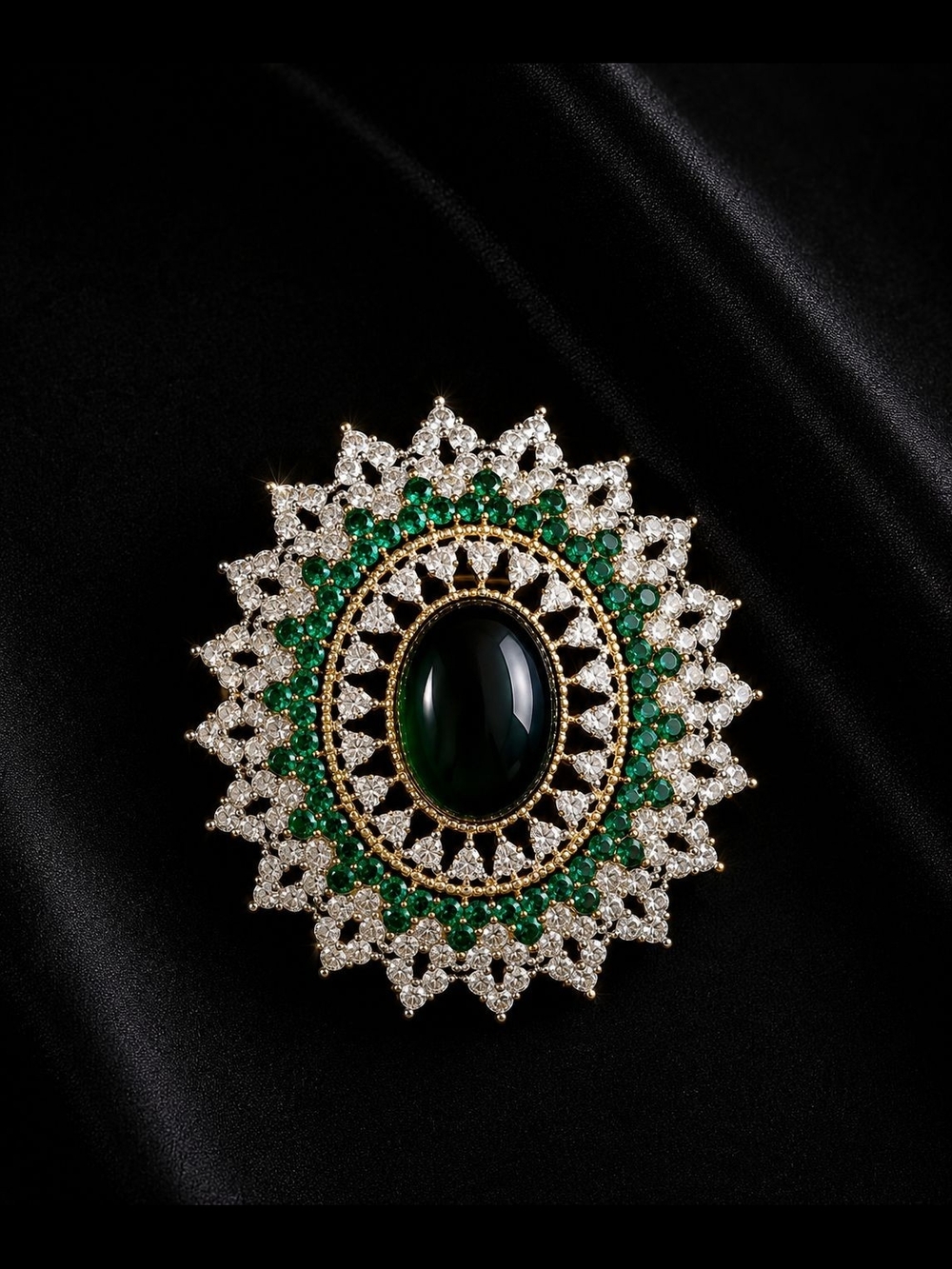 Gold-Tone Emerald and Clear Sunburst Brooch - Picture 5 of 5